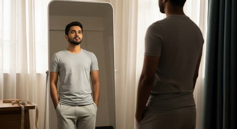 An Indian man stands calmly in front of a full length mirror in soft natural light wearing a plain fitted t shirt and comfortable trousers with his hands in his pockets as he gazes at his reflection showing quiet confidence and self awareness while a measuring tape rests on a nearby surface symbolising the balance between body perception and measurement in understanding hip circumference and mortality risk.