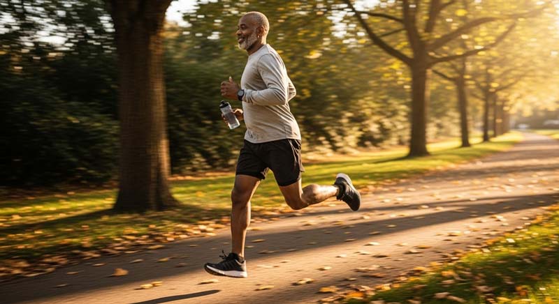 A middle-aged black man runs along a tree-lined path in warm afternoon light wearing athletic shorts and a long-sleeved top while holding a water bottle and smiling peacefully as sunlight filters through the trees and highlights his strong legs and hips showing vitality health and contentment in motion.