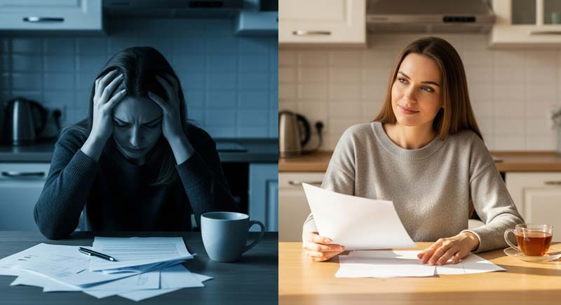 Split image showing the same woman in two emotional states at a kitchen table as she appears tired and frustrated on the left with papers scattered before her while on the right she looks calm and focused reviewing the same papers illustrating how rest transforms mood and decision making.