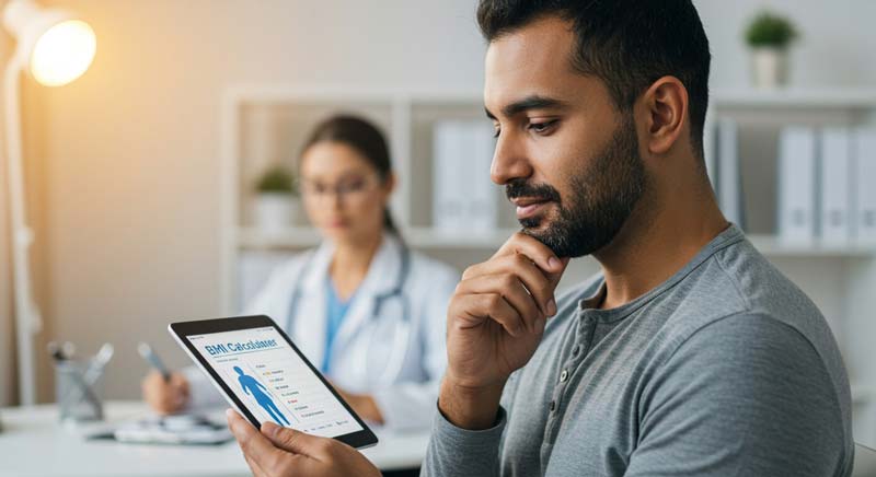 A South Asian man in a grey shirt sits thoughtfully in a medical consultation room, holding a tablet that displays a BMI calculator, while a doctor works in the background, illustrating how ethnicity influences personal health assessment.