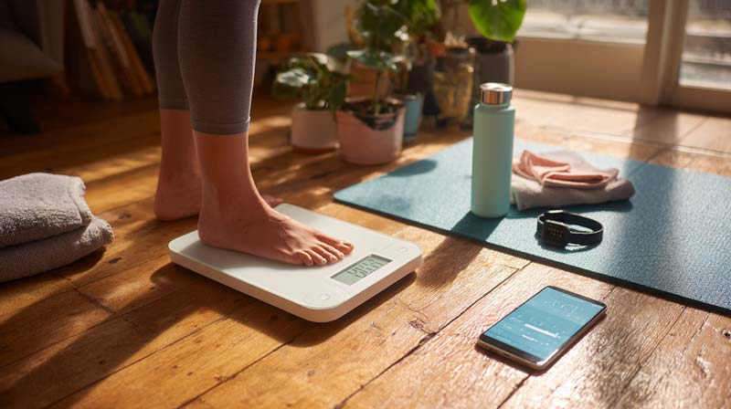 A bright, inviting photograph showing a person stepping onto a digital bathroom scale, surrounded by a yoga mat, water bottle, and smartphone displaying progress charts, symbolising realistic self-care and the practical application of body mass index in daily wellness.