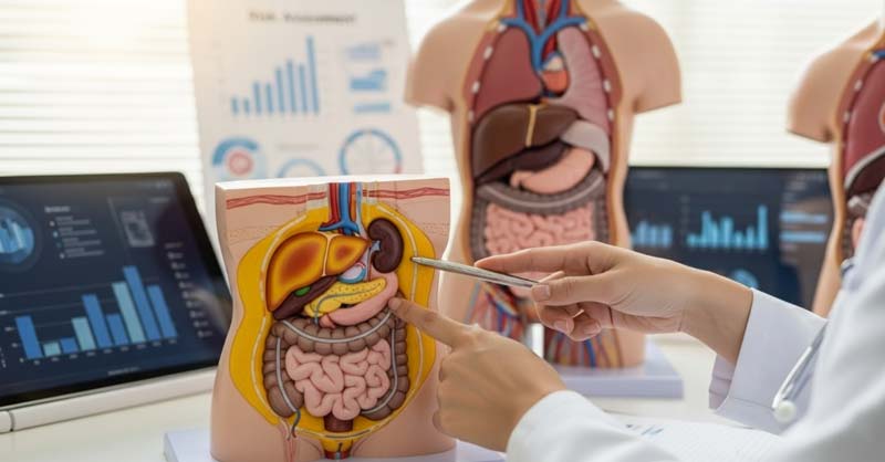 A healthcare professional points to a detailed anatomical model showing the distribution of visceral fat around internal organs such as the liver, pancreas, and intestines, while medical charts and digital displays appear in the background.
