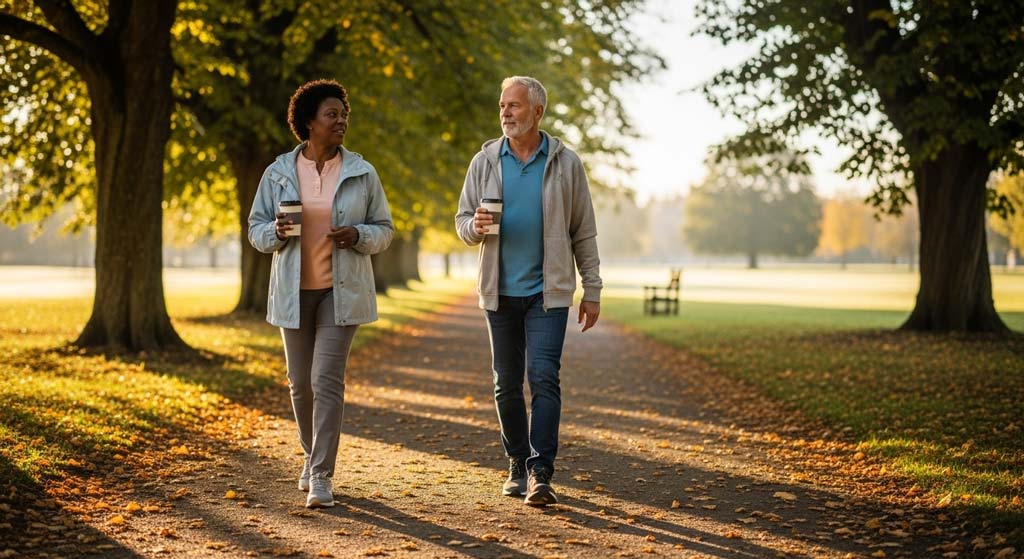Two older adults, a Black woman and a white man, walk along a tree-lined park path in soft autumn morning light with reusable coffee cups. The scene conveys companionship, routine, and sustained effort, showing how one long walk or multiple short walks supports heart health.