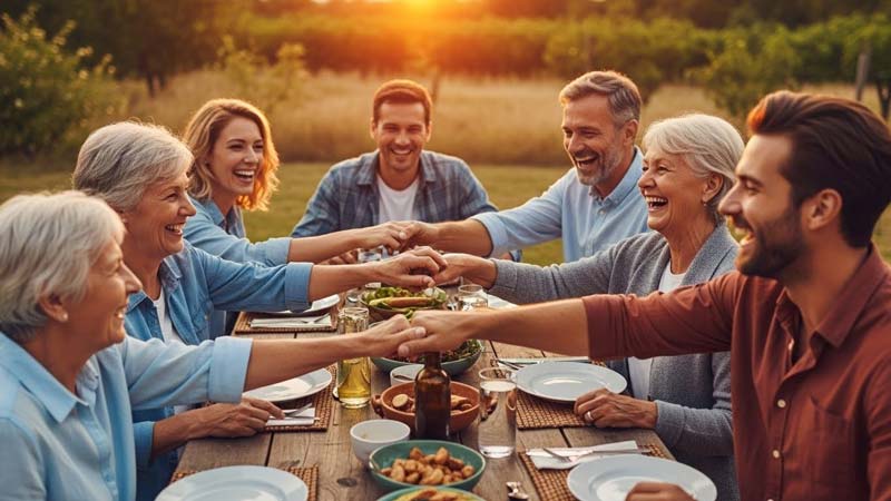 A multi generational family sit around a rustic outdoor dining table at sunset, reaching across to hold hands and laughing together as grandparents, parents and adult children share food, closeness and the health benefits of laughter in a warm countryside setting.