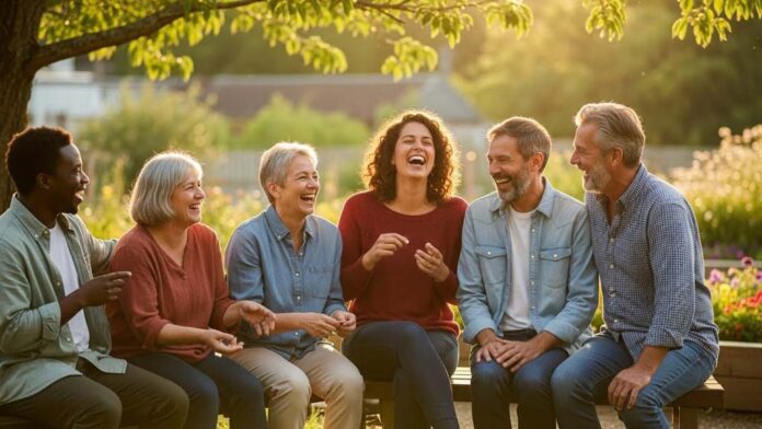 Six adults of different ages and ethnicities sit together on a bench in a sunlit community garden, laughing openly with one another as they enjoy the health benefits of laughter and the warmth and connection of their shared moment.