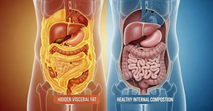 A visual comparison of two human torsos showing how someone who appears normal weight externally can have large amounts of visceral fat surrounding their organs, contrasted with another person whose internal organs are clear and healthy despite having the same outward waist size.