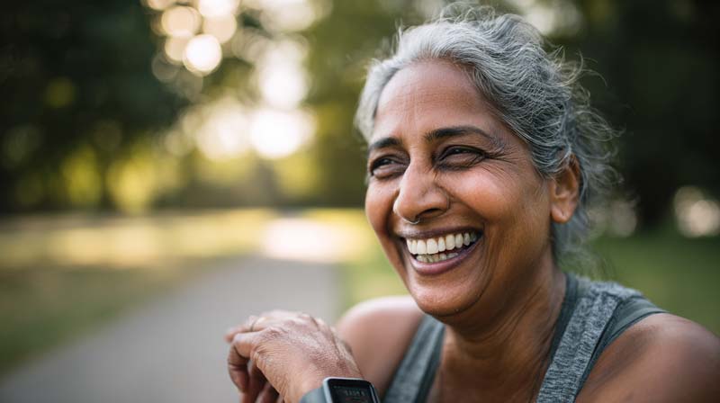 A middle-aged South Asian woman with greying hair in athletic clothing laughs warmly after exercising in a park, resting her arm near a fitness watch as soft light and blurred greenery frame her relaxed, joyful expression.