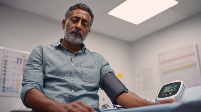 Middle-aged South Asian man in a medical clinic looks down at a digital blood pressure monitor reading 138 over 88, quietly reflecting on how blood pressure affects heart health and what this result means for his future wellbeing.