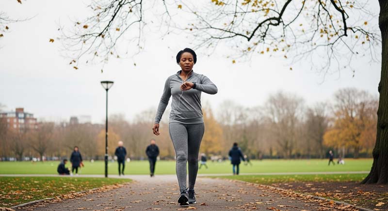 Black woman in her early 40s walks briskly along a tree-lined path in an autumn urban park, checking her fitness watch while listening to earphones and exercising as part of her regular routine.