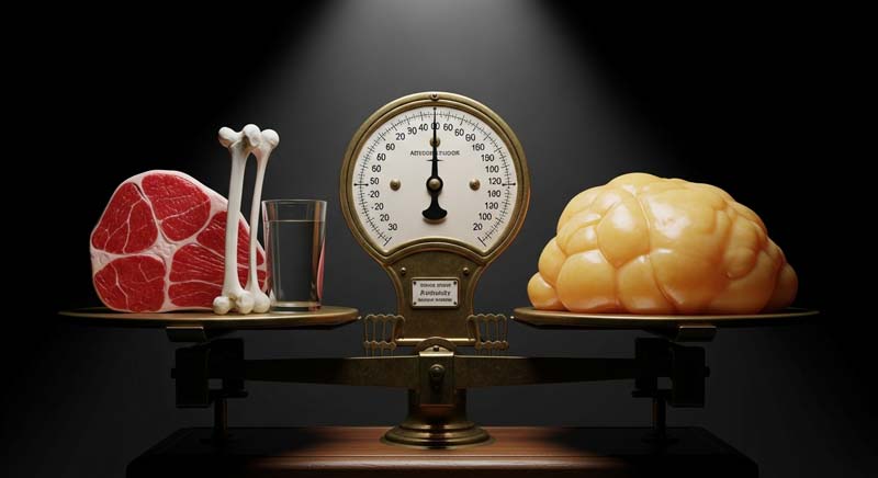 A vintage scale displays equal weight on both sides while one platform holds dense muscle, bone and water, and the other holds a large soft mass of body fat, highlighting how identical weight can represent very different tissue compositions.