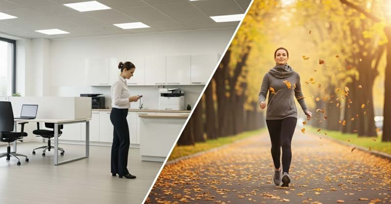 plit-screen comparison of the same woman taking fragmented short movements around a bright modern office on the left and striding purposefully along an autumn tree-lined avenue on the right, highlighting the contrast between incidental steps and a sustained walk.