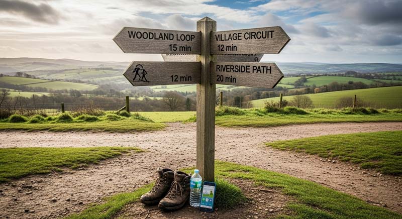 A weathered wooden signpost at a rural trail junction shows options Woodland Loop 15 min, Village Circuit 12 min, and Riverside Path 20 min, with muddy boots, a water bottle, and a smartphone step counter at its base as morning light breaks through cloud over rolling hills, inviting a choice between one long walk or multiple short walks.
