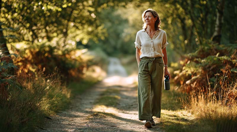 A person in their early forties with a calm, normal weight appearance walks along a sunlit woodland path at golden hour, holding a reusable water bottle and looking ahead with quiet confidence, suggesting a grounded, hopeful lifestyle built on understanding health beyond surface looks.