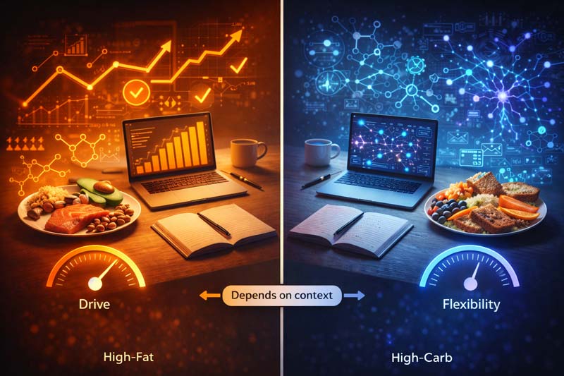 A split desk scene contrasts a high-fat meal with motivational visual cues and a high-carbohydrate meal with flexibility cues, showing how to eat for different goals with a central slider labelled “depends on context”.