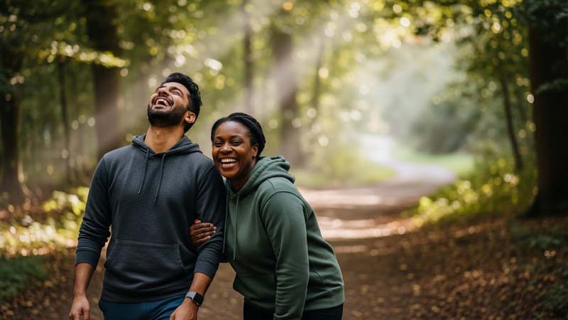 A man and woman in hoodies walk and laugh together on a sunlit forest path, showing how time in nature and shared joy can support laughter and mental health during recovery from stress.