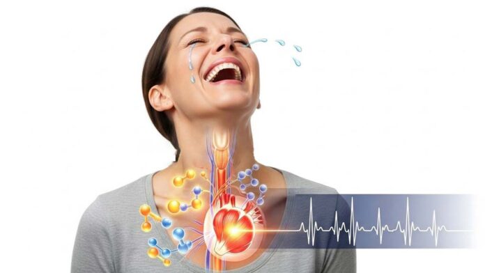A middle aged woman throws her head back in intense laughter and stress relief with tears coming from the corners of her eyes. A glowing anatomical illustration of her heart, vessels and hormone molecules is overlaid on her chest, with a heart rate trace running across the lower part of the image. She wears a simple grey top against a white background, giving the scene a clinical, medical feel.