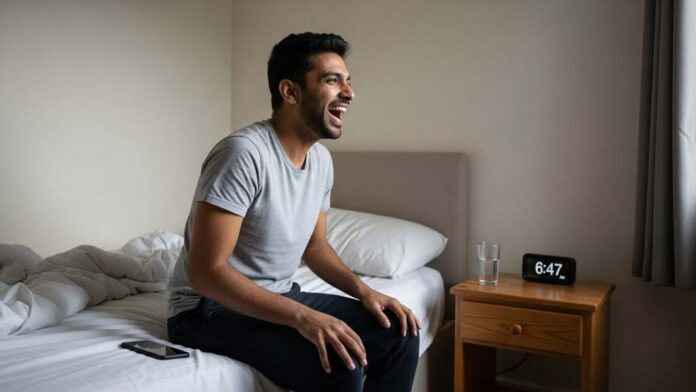 South Asian man in his thirties sits on the edge of an unmade bed, laughing deliberately as part of a morning routine that shows how to laugh more, with grey dawn light through curtains, an alarm clock reading 6:47 and a glass of water on the bedside table, phone face-down nearby.