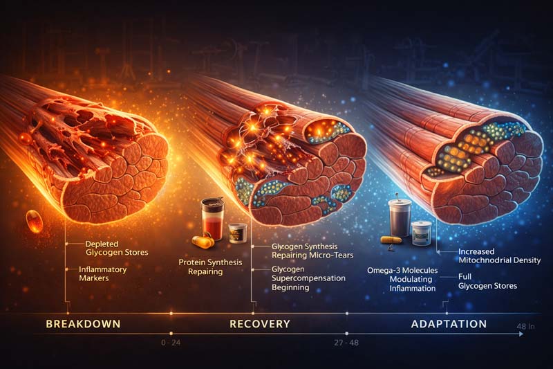Three cross-sections of muscle fibre show breakdown, recovery, and adaptation over 0–48 hours, with visual markers for glycogen, inflammation, protein repair, omega-3 activity, and increased mitochondria.