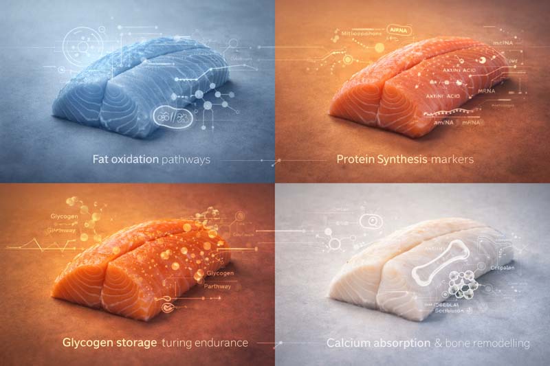 Four-panel image of salmon fillets with scientific overlays showing fat oxidation, protein synthesis, glycogen storage, and calcium absorption and bone remodelling.