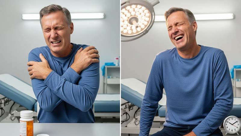 Split screen image in a medical examination room showing the same middle aged man on the left clutching his shoulders with eyes closed in obvious pain and on the right sitting in the same place laughing with his shoulders relaxed. An examination table and clinical lighting are visible in both scenes, with a pill bottle on the table and a small clock suggesting only a short time has passed between the painful and relieved expressions.