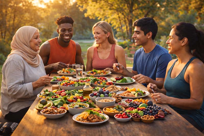 Five people share a communal outdoor meal at golden hour, with a long table covered in varied whole foods and each person eating a different plate.