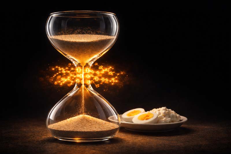 A glowing hourglass shows sand slowed by protein molecules, illustrating how to eat for different goals, with a plate of high-protein foods beside it.
