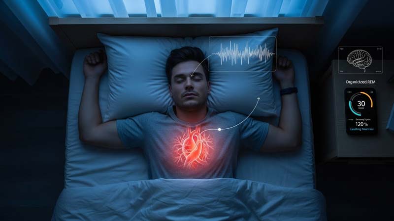 A young man sleeps on his back in a dark bedroom, arms relaxed and face calm on a white pillow, while a glowing anatomical heart illustration shines through his chest and is linked by graphics to a brainwave panel above his head and a sleep tracking display on the bedside table, suggesting how laughter and stress relief during the day support deep restorative REM sleep and healthy cardiovascular function.