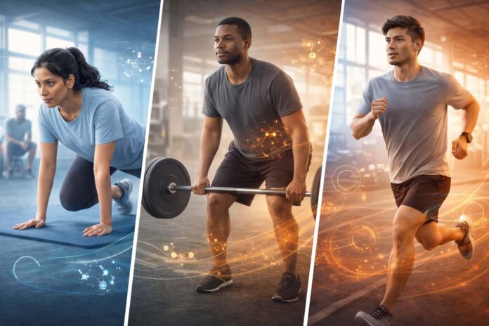 Three people exercise in a gym, showing how to eat for different goals, with subtle glowing data-style overlays suggesting fat loss, strength training, and endurance.
