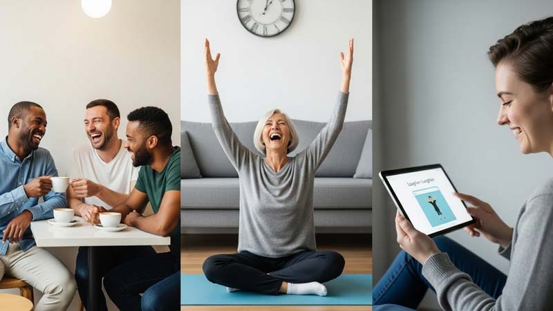 Three scenes of everyday laughter with three men sharing coffee and laughing in a café, an older woman seated on a yoga mat at home with arms raised mid laugh, and a young woman smiling while using a tablet that displays a laughter app.