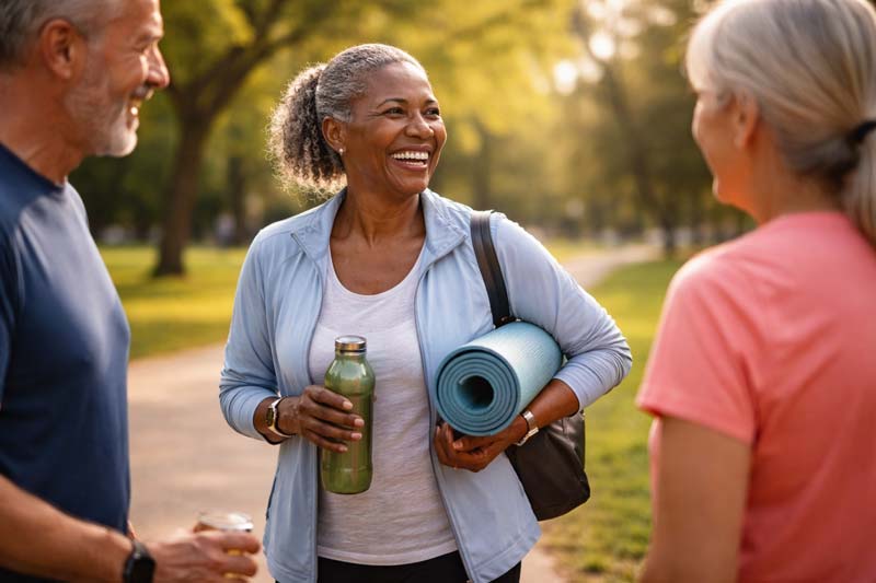 Older woman laughing with friends in a park after exercise variety, holding a water bottle and a rolled yoga mat.