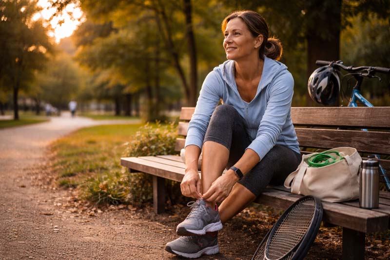 Woman tying her trainers on a park bench beside a resistance band, a tennis racket, and a bicycle in warm evening light.