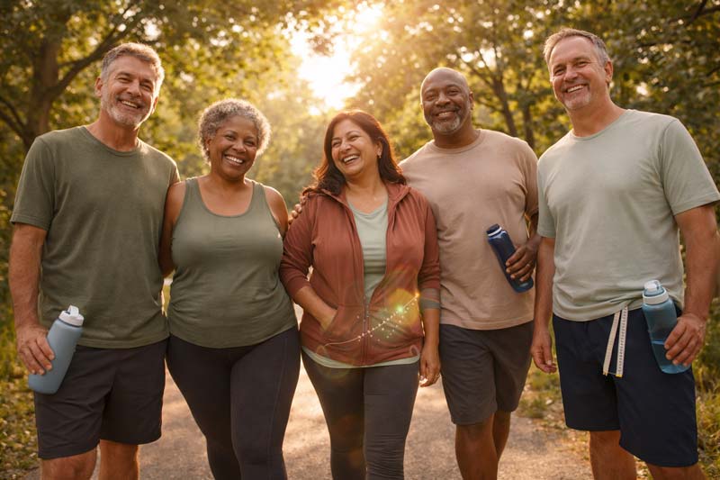 Five adults of mixed ethnicities stand together on a park path at golden hour, smiling in casual athletic clothing with water bottles, and one person has a measuring tape tucked at the waist.