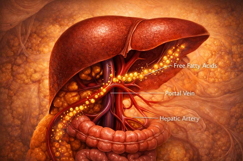 An anatomical illustration of the liver and nearby intestines showing the portal vein entering the liver and a stream of free fatty acids moving into liver tissue, with surrounding visceral fat in the background.
