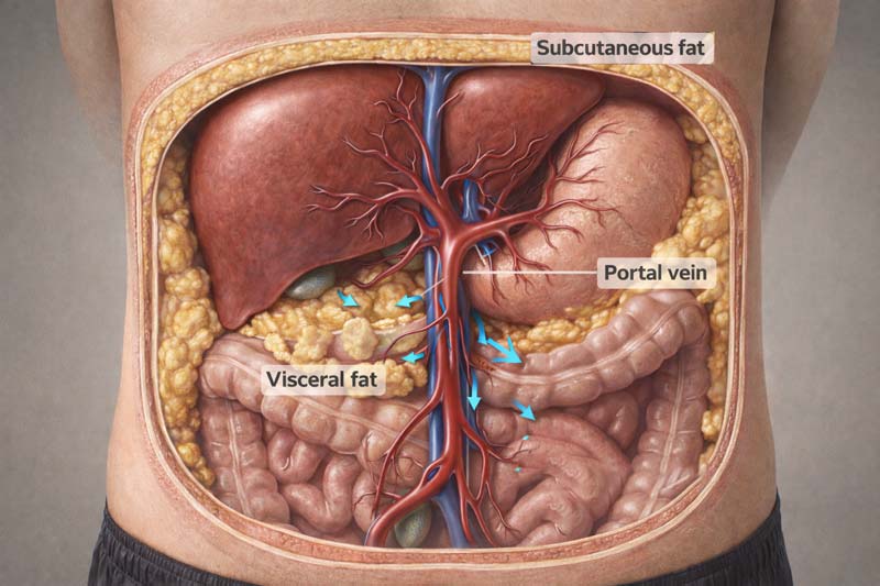 Cutaway view of the abdomen showing visceral fat around the intestines, a layer of subcutaneous fat beneath the skin, and the portal vein leading into the liver with arrows indicating flow.
