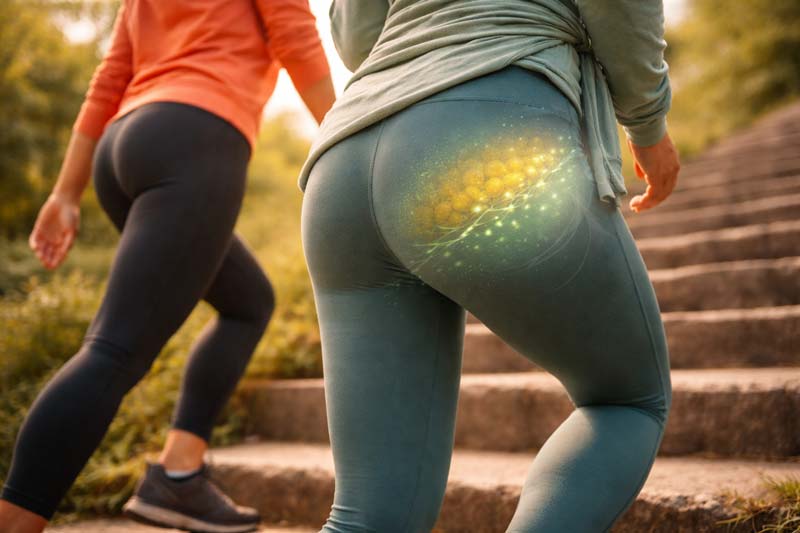 Two people climb outdoor stone steps in athletic clothing, with a subtle translucent overlay and glowing signal dots highlighting protective fat storage in the hip and upper thigh region, linking waist and hip biology to everyday movement.