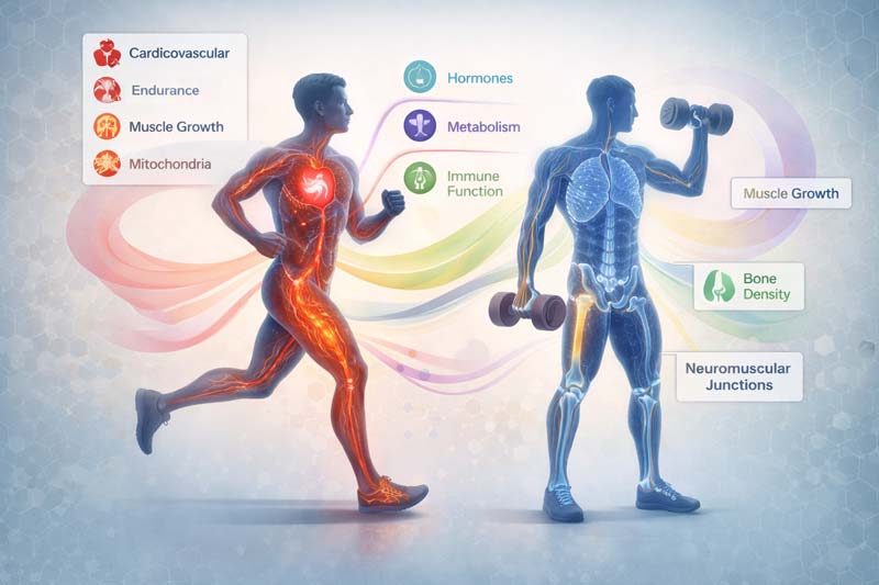 Medical infographic showing a runner and a weightlifter with highlighted internal systems and labelled pathways for cardiovascular function, metabolism, immune function, muscle growth, bone density, and neuromuscular junctions.