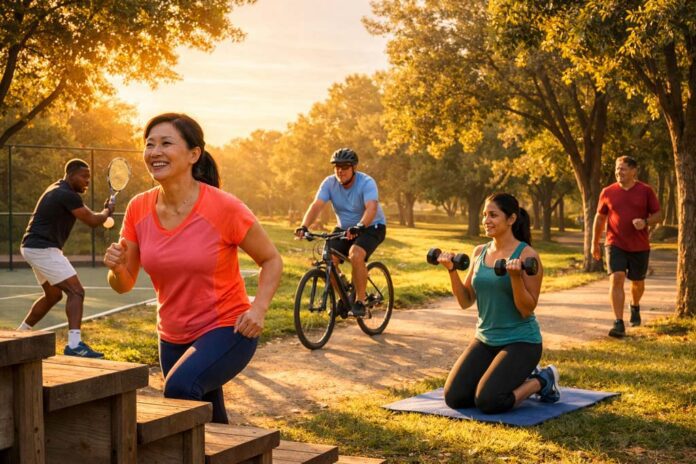 Five adults in a sunlit park show exercise variety with step-ups, tennis, cycling, dumbbell curls on a mat, and brisk walking along a path.