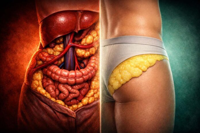 Medical illustration split into two halves showing visceral abdominal fat around the intestines with a prominent portal vein leading to the liver on one side, and a side view of the hip and buttock with gluteofemoral fat beneath the skin on the other. Relationship between waist and Hip
