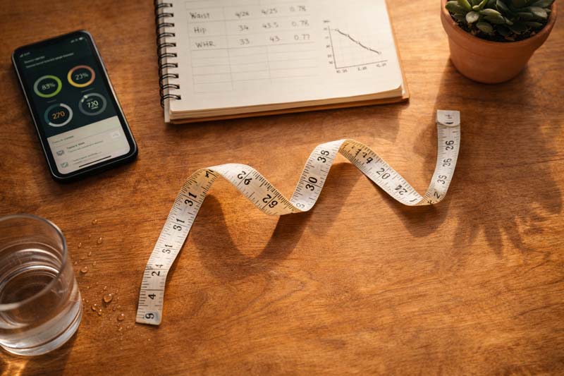 Overhead view of a wooden desk with a measuring tape, a notebook of waist, hip and WHR entries with a small progress graph, a smartphone health app, a glass of water, and a potted succulent in warm window light.