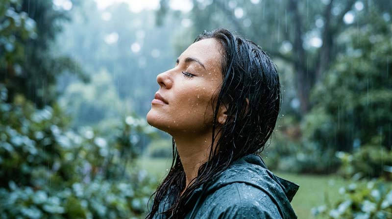 A woman stands outdoors in light rain with eyes closed and face tilted slightly upward, raindrops visible on her skin against a soft green background.
