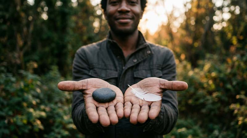 A Black man holds a smooth dark stone in one open palm and a white feather in the other, hands extended at chest height outdoors in warm sunlight during Vipassana meditation.