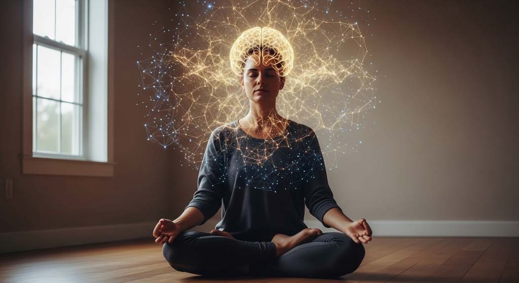 A person meditates in a softly lit minimalist room, with an organic halo of golden and blue threads illustrating what meditation does to your brain through heightened neural activity.