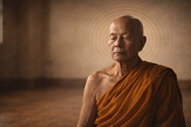 An elderly Buddhist monk meditates with eyes closed in a simple hall, while faint concentric ripples behind his head suggest what meditation does to your brain over decades of disciplined practice.