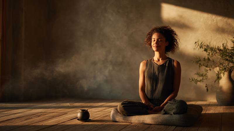 A mixed-race woman sits on a meditation cushion by a sunlit window with a gentle smile, while warm light and dust motes create a calm, reflective atmosphere beside a simple cup of tea.