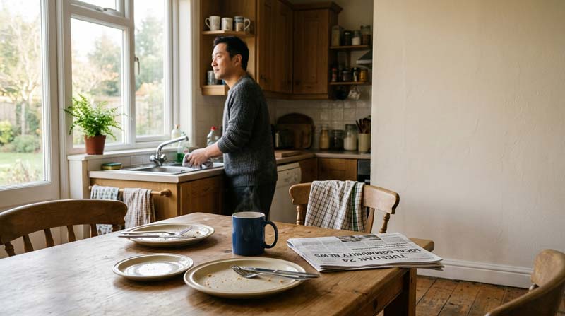 An East Asian man stands at the kitchen sink looking out of the window while a wooden table in the foreground holds used plates, a folded newspaper, and a steaming mug during Vipassana meditation.