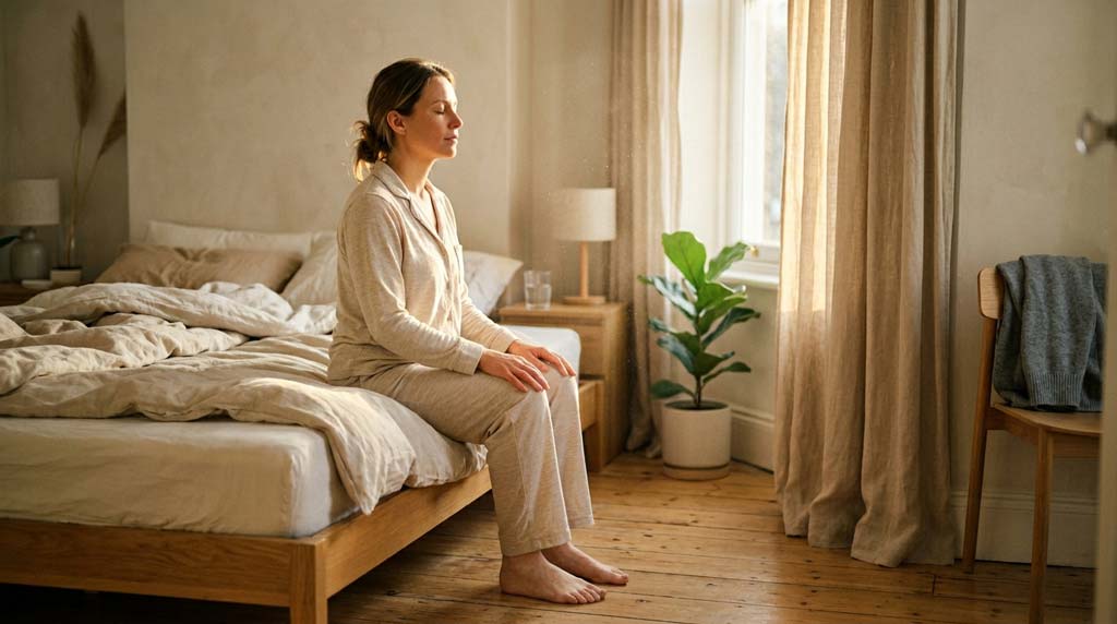 A woman sits on the edge of an unmade bed with eyes closed and hands resting on her thighs as warm morning sunlight filters through curtains during Vipassana meditation.