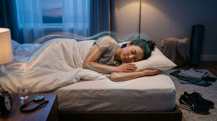An East Asian woman sleeps peacefully in a dim bedroom with soft golden and cyan light around her, with trainers and a bedside clock nearby, illustrating how quality sleep enhances performance through recovery.