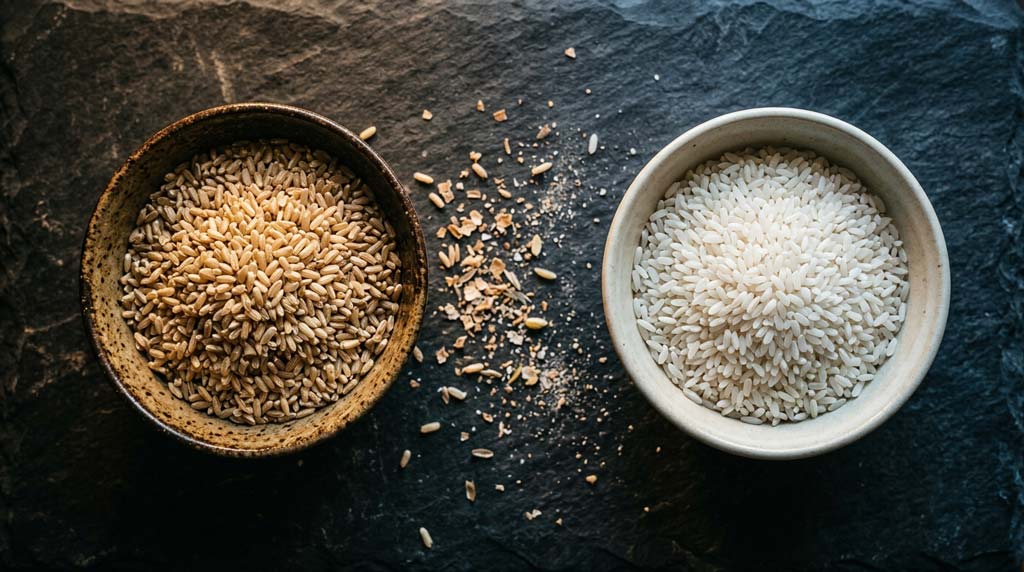 Two ceramic bowls of brown rice and white rice sit on a dark slate surface, with bran fragments scattered between them to illustrate brown rice vs white rice.