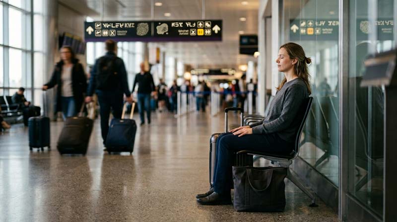 White woman sits upright on a chair in an airport terminal with eyes closed, with hands resting on her lap while blurred travellers move through the background, simulating Samatha meditation.