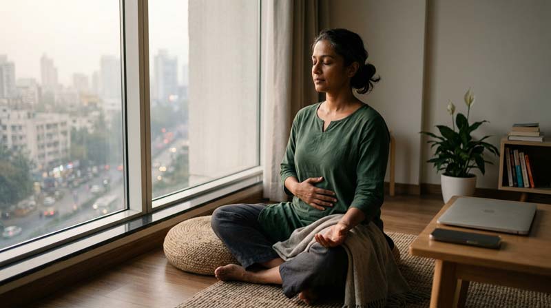 South Asian woman sits cross legged on a floor cushion by a window with eyes closed, one hand on her abdomen and the other resting on her knee in a calm living room.